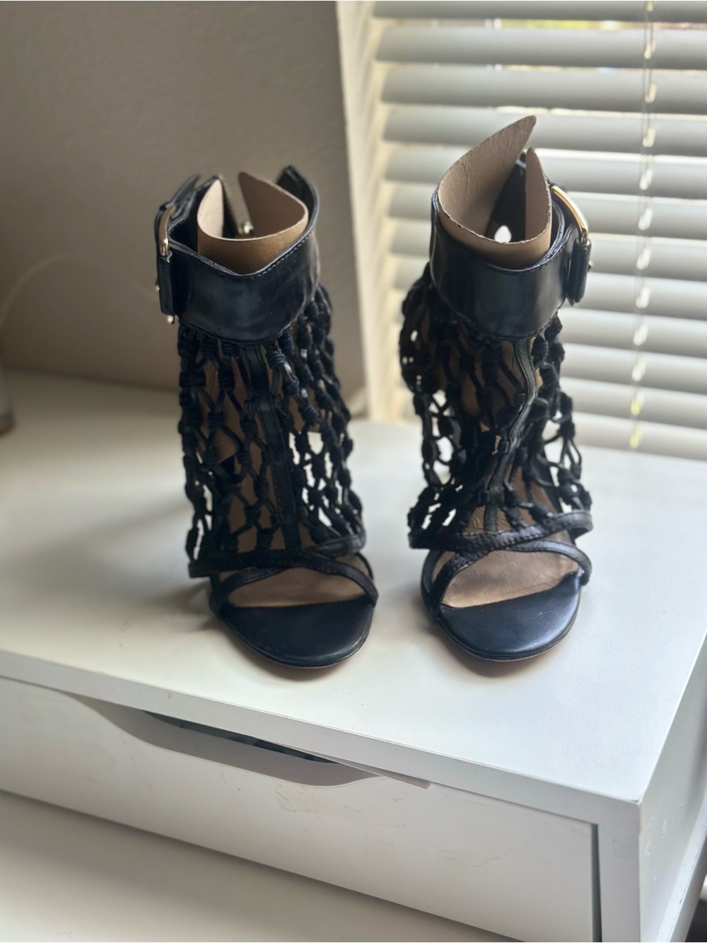 L.A.M.B. Gwen Stefani Black Leather Woven Cage Heels Booties 6.5